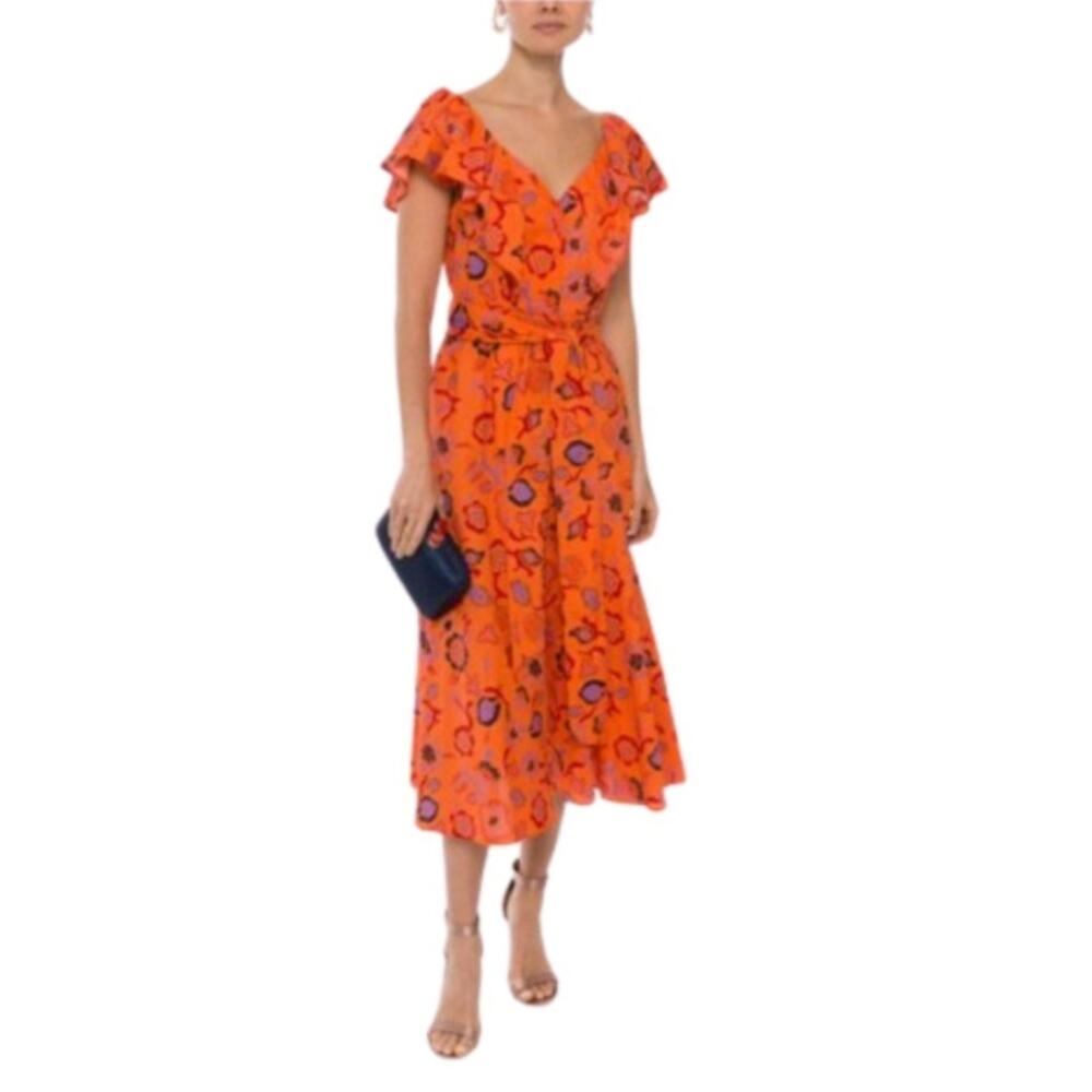 Tara Jarmon Short Sleeve Floral V Neck Midi Dress Orange Size 40/Medium